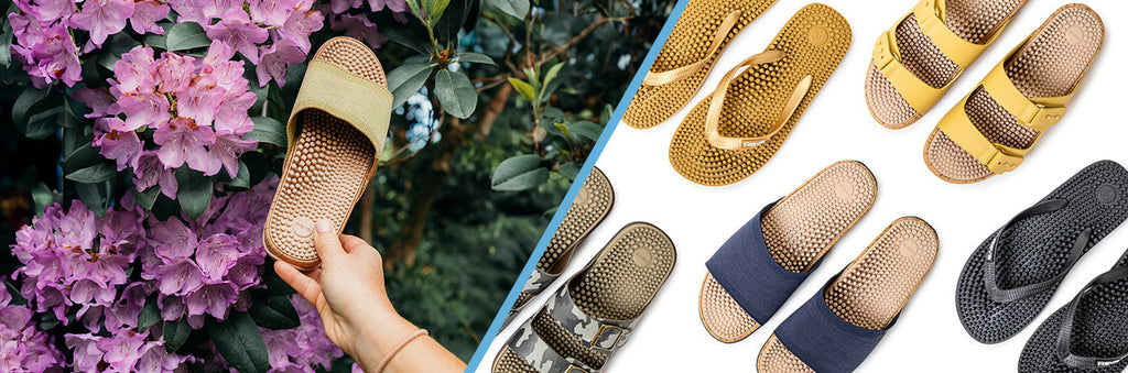 Split-screen image featuring a gold Revs® reflexology sandal held against pink flowers on the left, and a top-down view of assorted Revs® sandals on the right — showcasing style, variety, and natural wellness